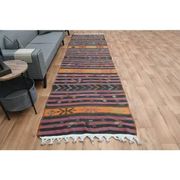 Purple Vintage Turkish Handmade Wool Kilim Runner Rug 109x398
