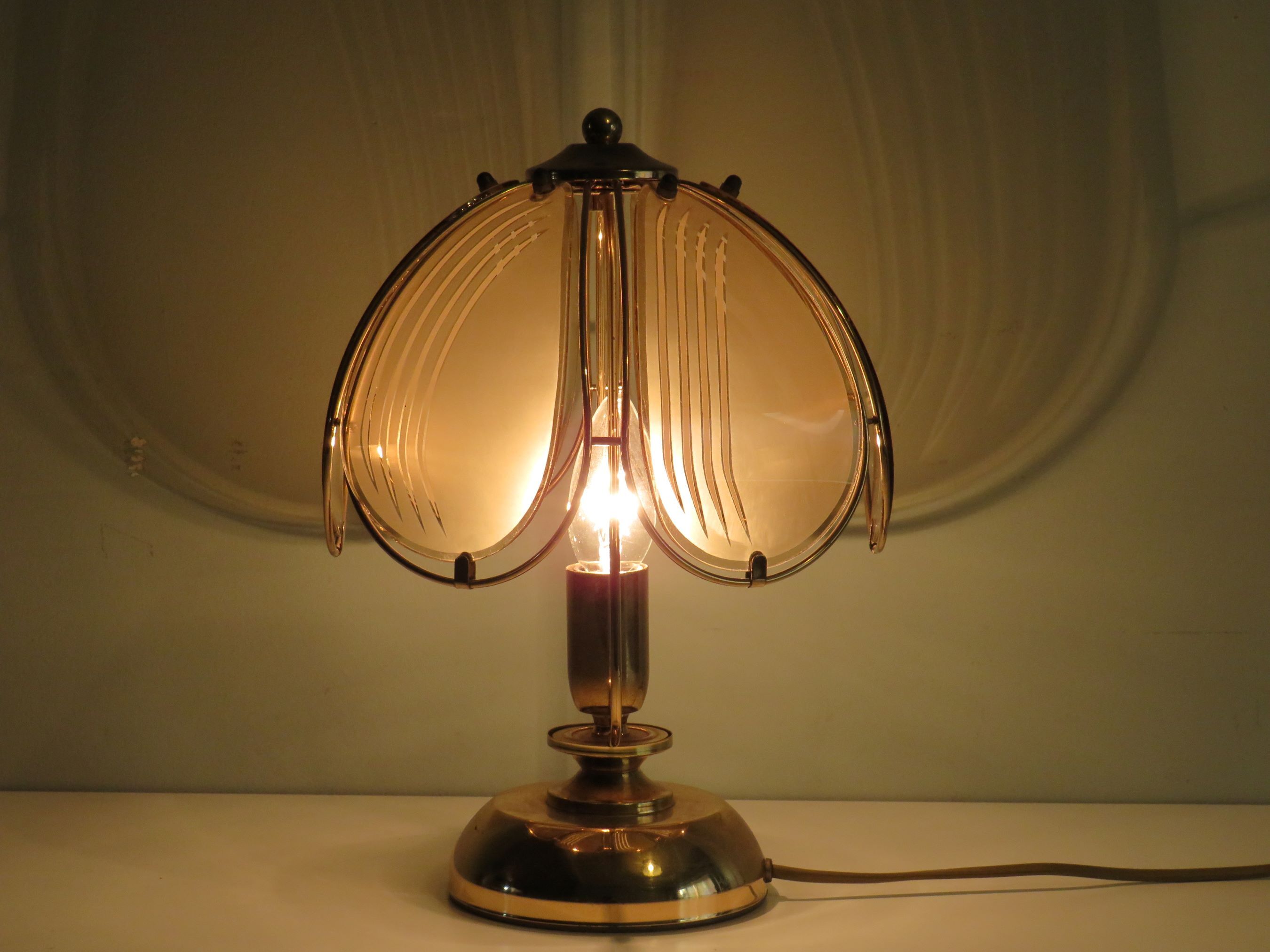 Brass table lamp with smoked glass panels, Belgium 1970