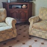 Pair of 1940s CLUB CHAIR style armchairs in velvet check fabric