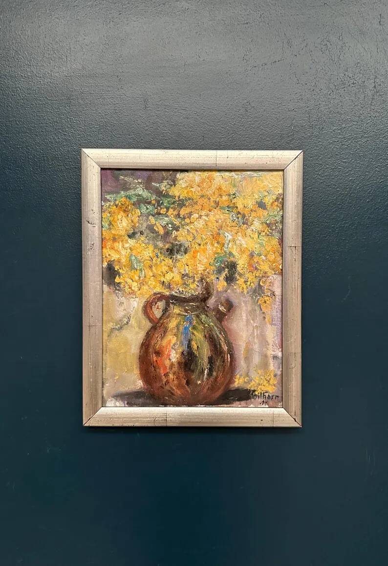 Original Swedish Oil on Canvas – “Vessel with Mimosa” by Monica Gilhorn – Signed – Vintage & Framed – 40 × 31.5 cm (15.7" × 12.4")