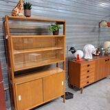 Vintage wooden showcase with sliding doors and white handles