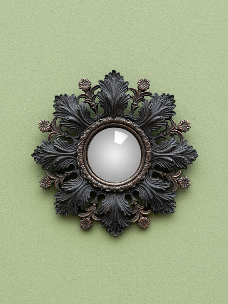 Convex mirror leaves and black flowers golden reflection 20 cm
