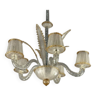 Lustre vénitien en verre de Murano incolore et doré vers 1950