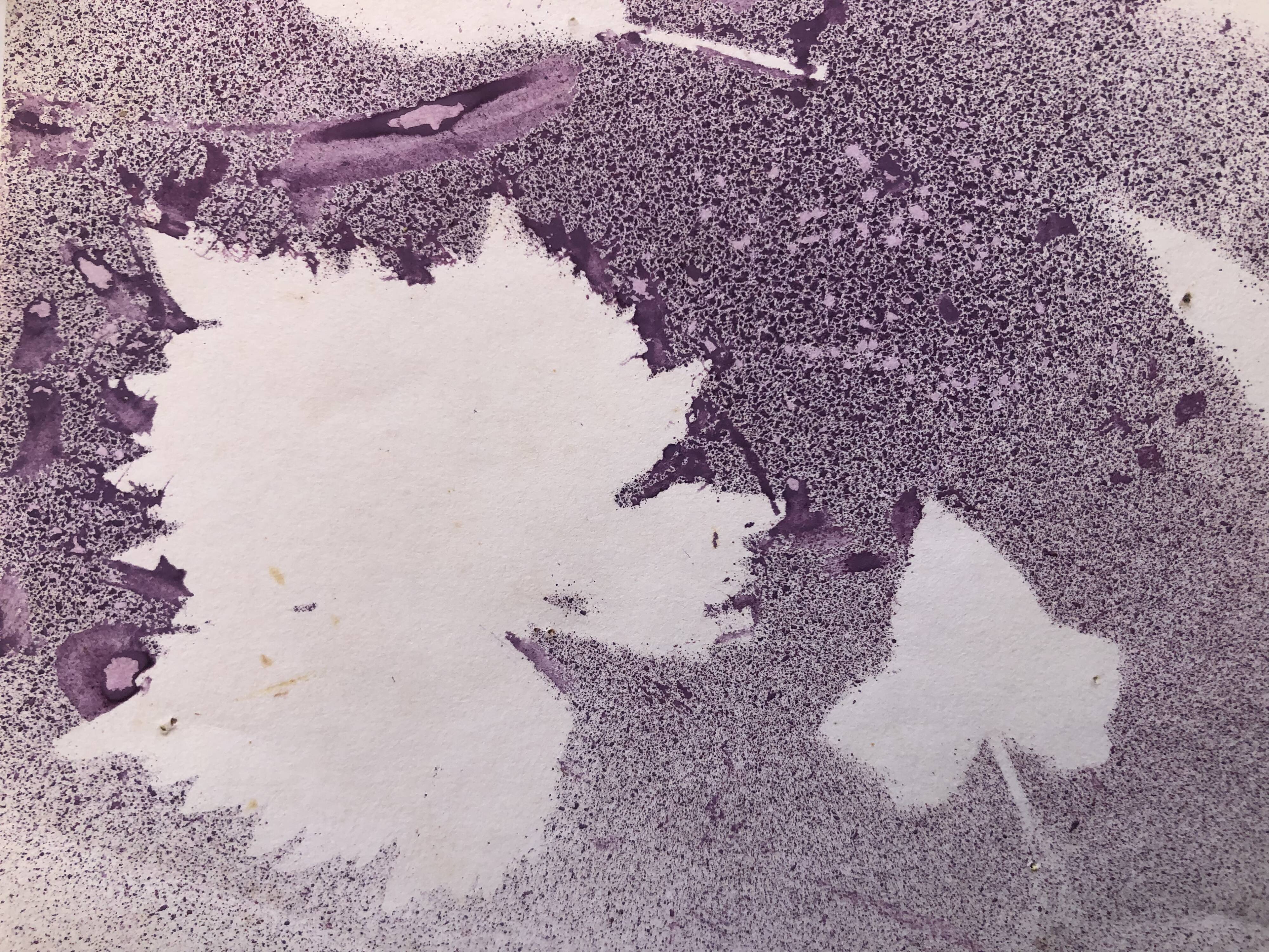 Purple acrylic paint with leaves stencil on paper, signed boettren or boettner? contemporary