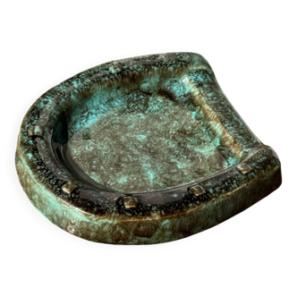 Turquoise and brown glazed ceramic ashtray in the shape of a horseshoe