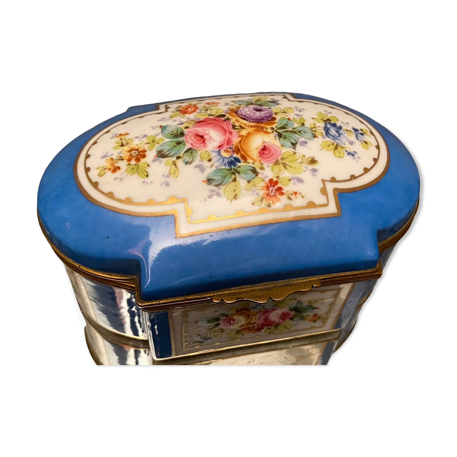 Domed porcelain box polychrome floral decoration on blue background brand Sèvres