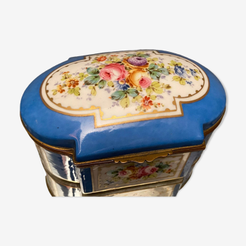 Domed porcelain box polychrome floral decoration on blue background brand Sèvres