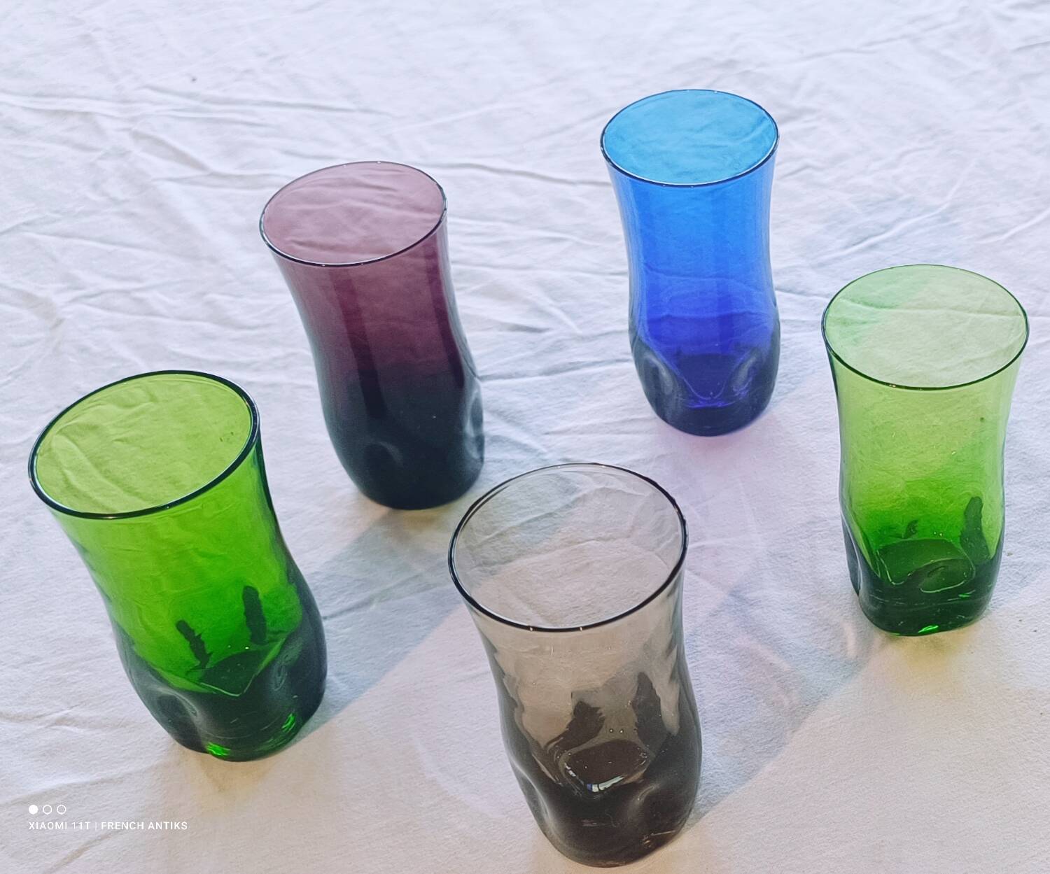 5 aperitif glasses, smoked glass, Portieux glassworks, 1970s