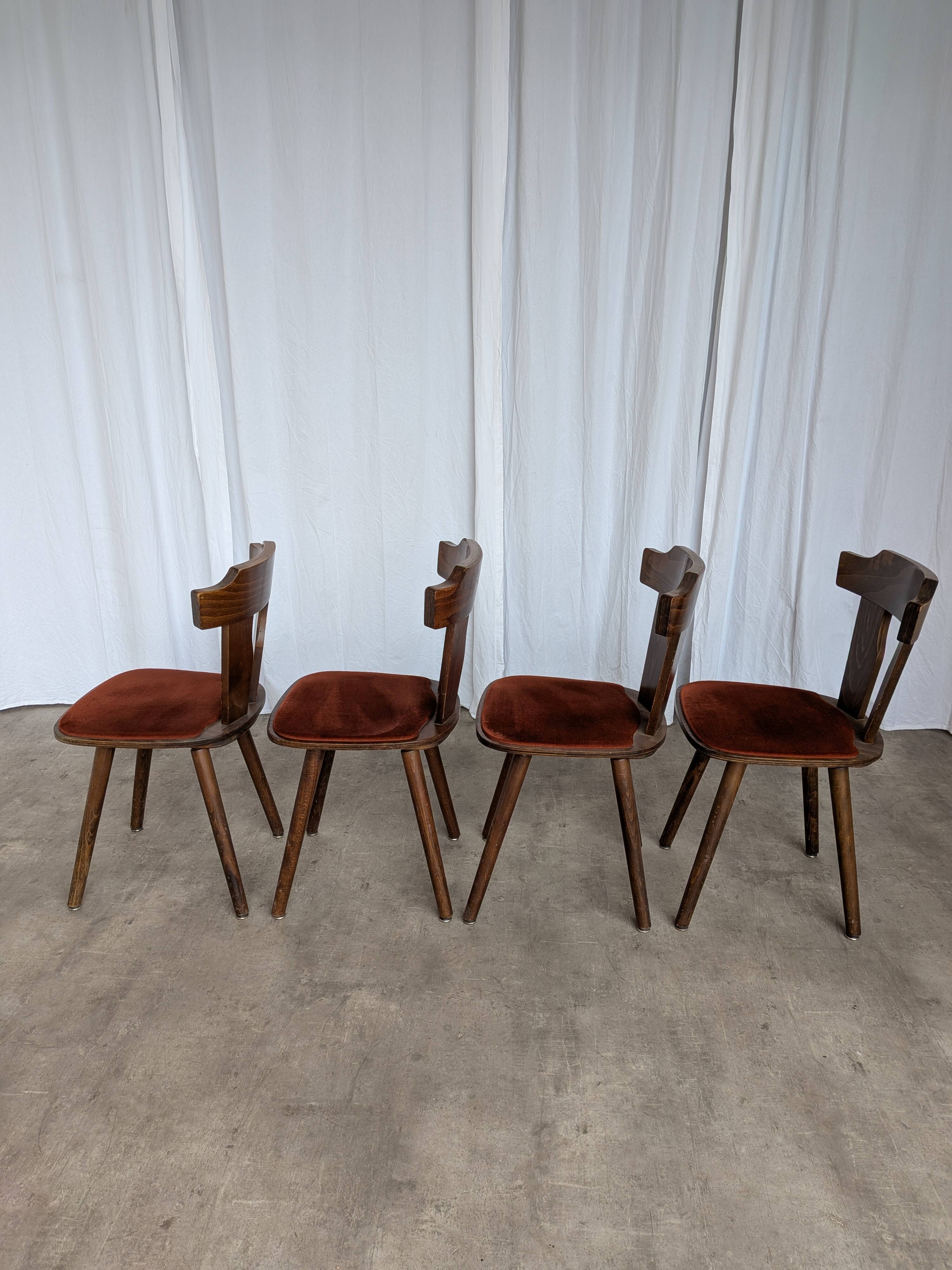 Vintage Tyrolean Dining Chairs: Set of 4, Red Fabric Seat, 1970s