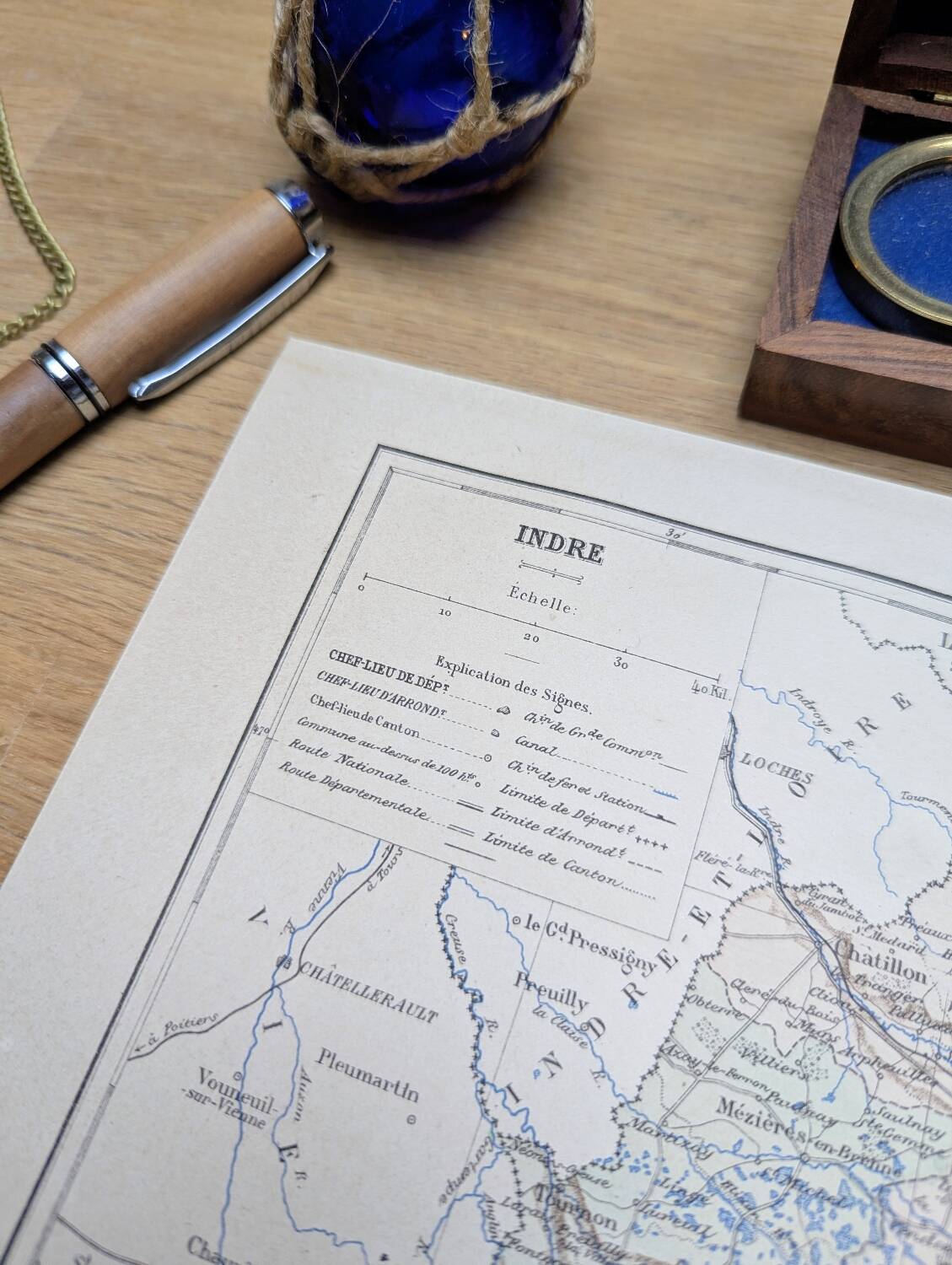 Map of Indre, printed in 1889. Authentic Vintage.