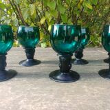 Six Roemer glasses in green blown crystal with "pastilles" decoration