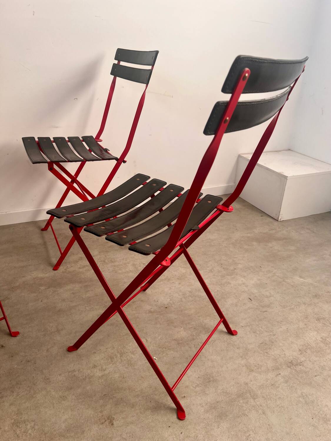 Set of 4 folding leather and metal chairs Italian design Zanuso for Zanotta Celestina vintage