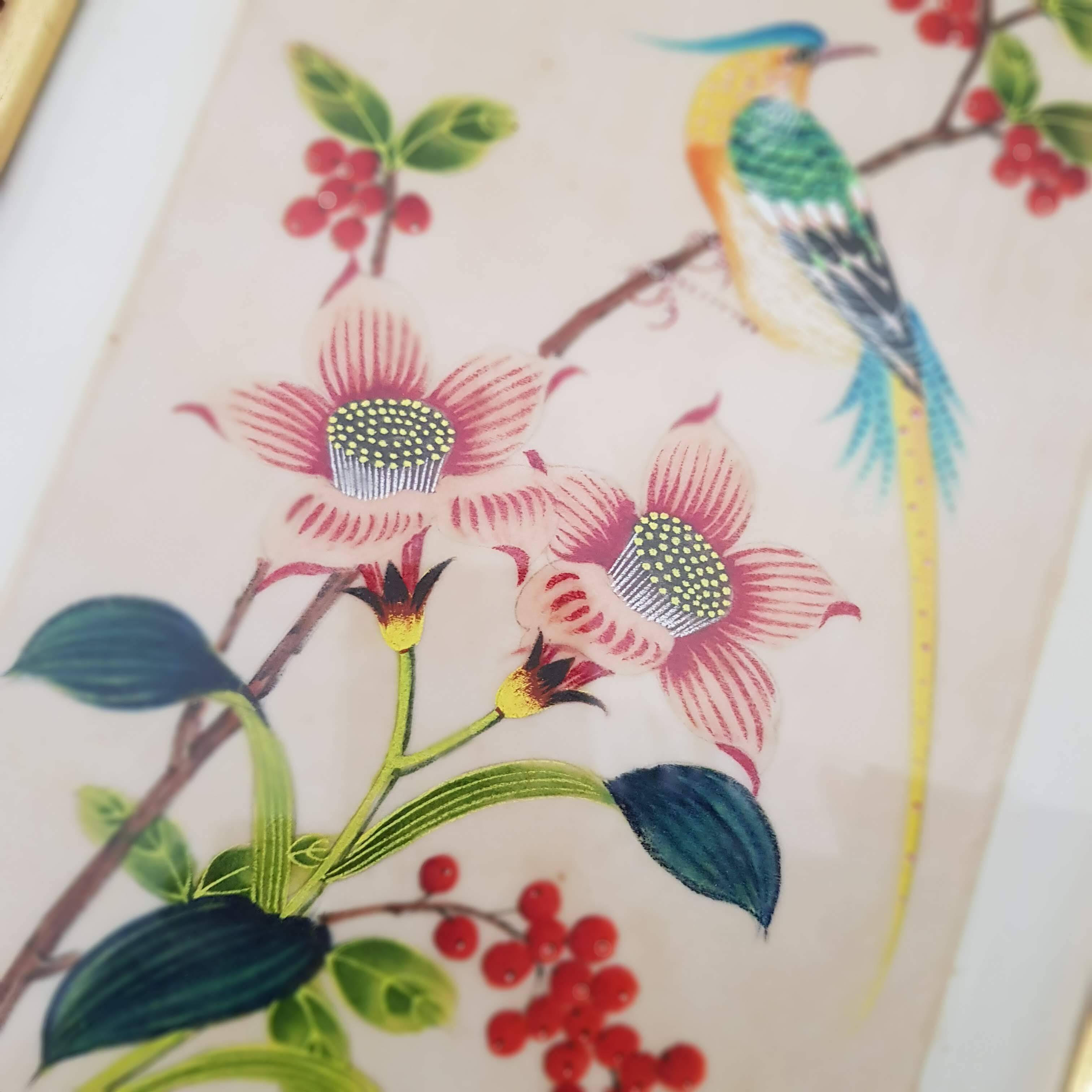 Japanese print on paper drawing of bird and flowers