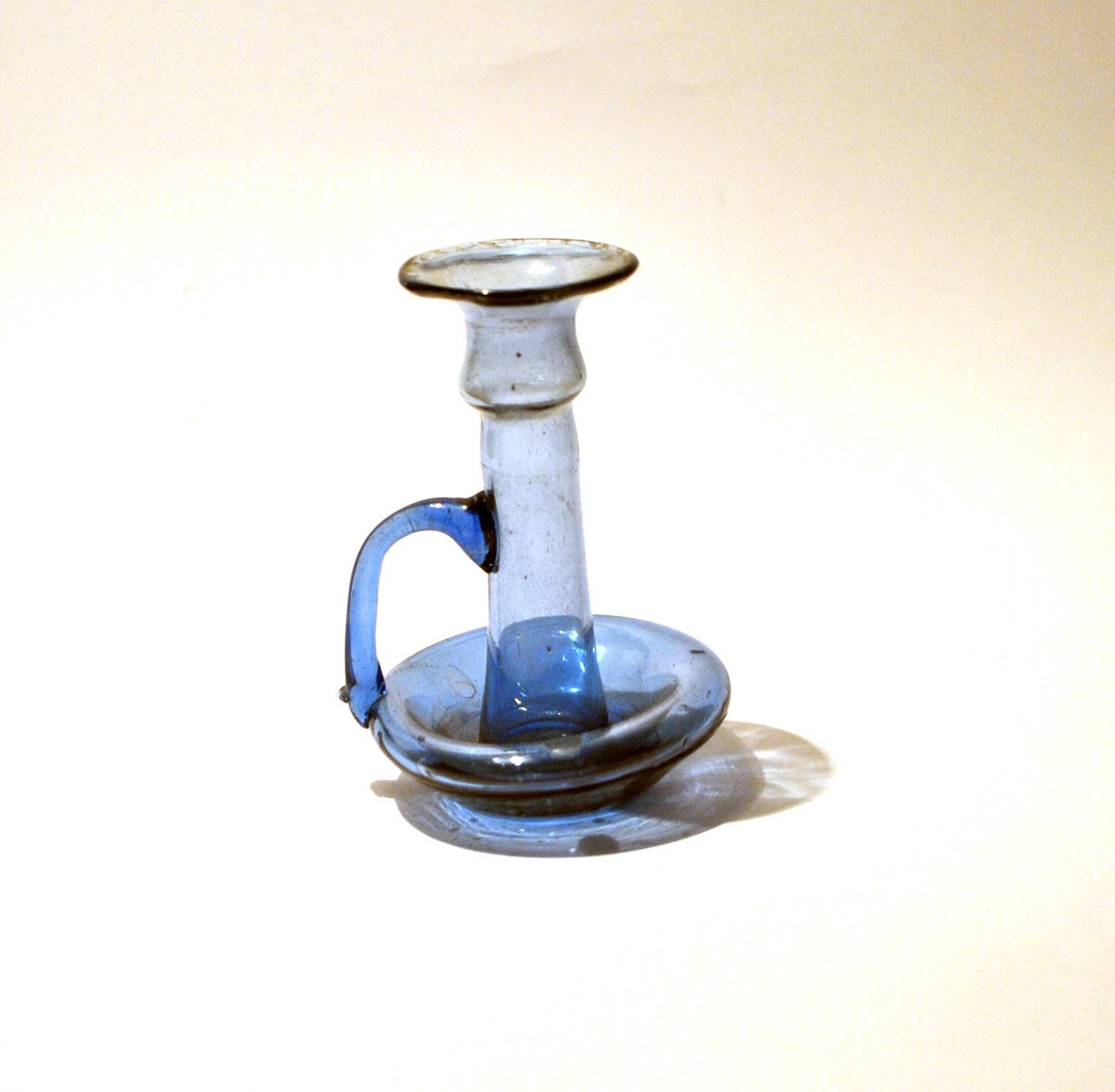 Antique candle holder in blue blown glass ras de cave folk art 19th c.