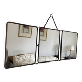Vintage 1950s triptych barber mirror in black faux lizard - 27 x 67