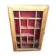 Old hanging display case with 15 wooden boxes, red background + vintage glass door