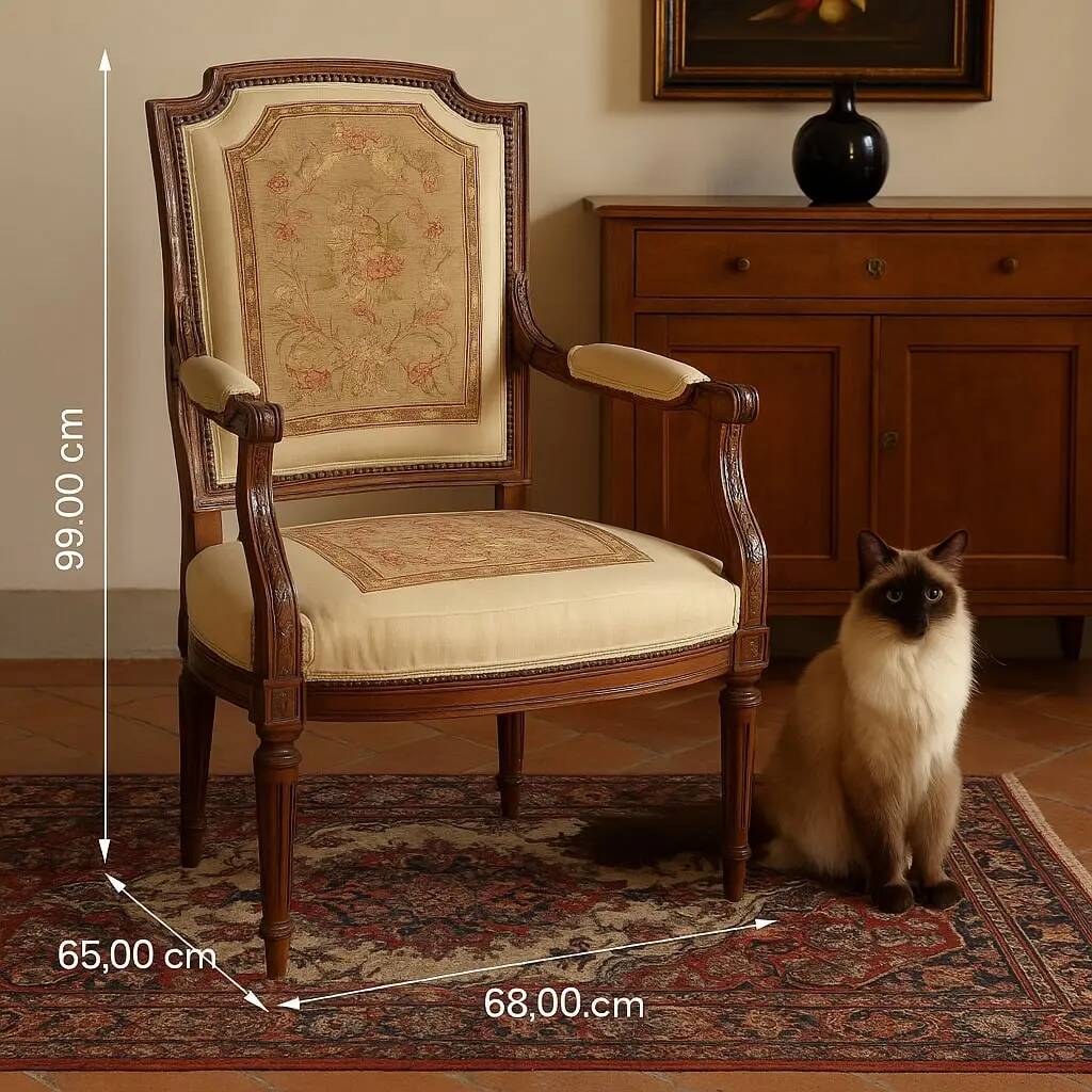 Antique beech armchair stained walnut, fabric, Italy, 19th century