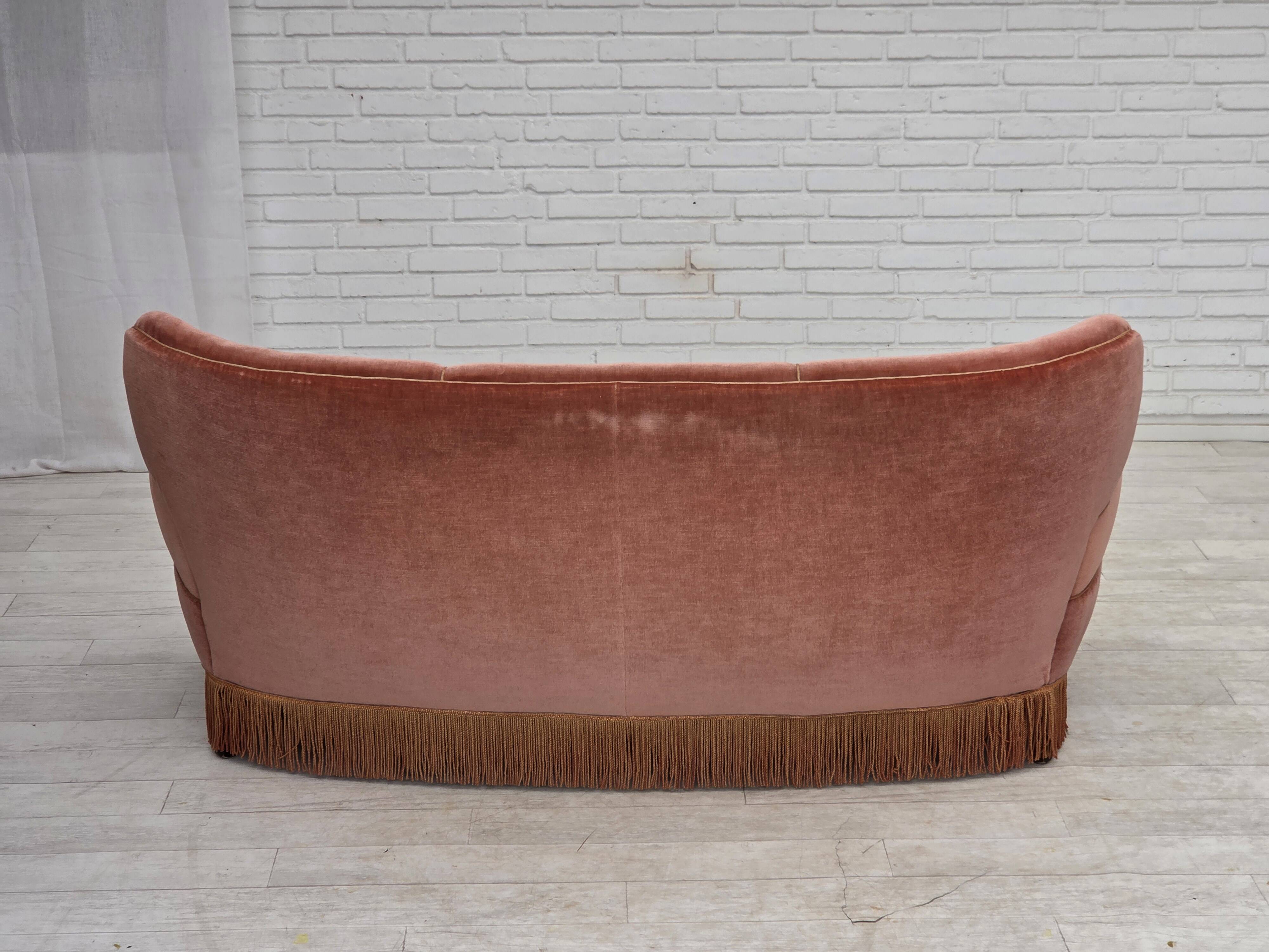 1970s, 3-seater Danish curved sofa, pink furniture velour.