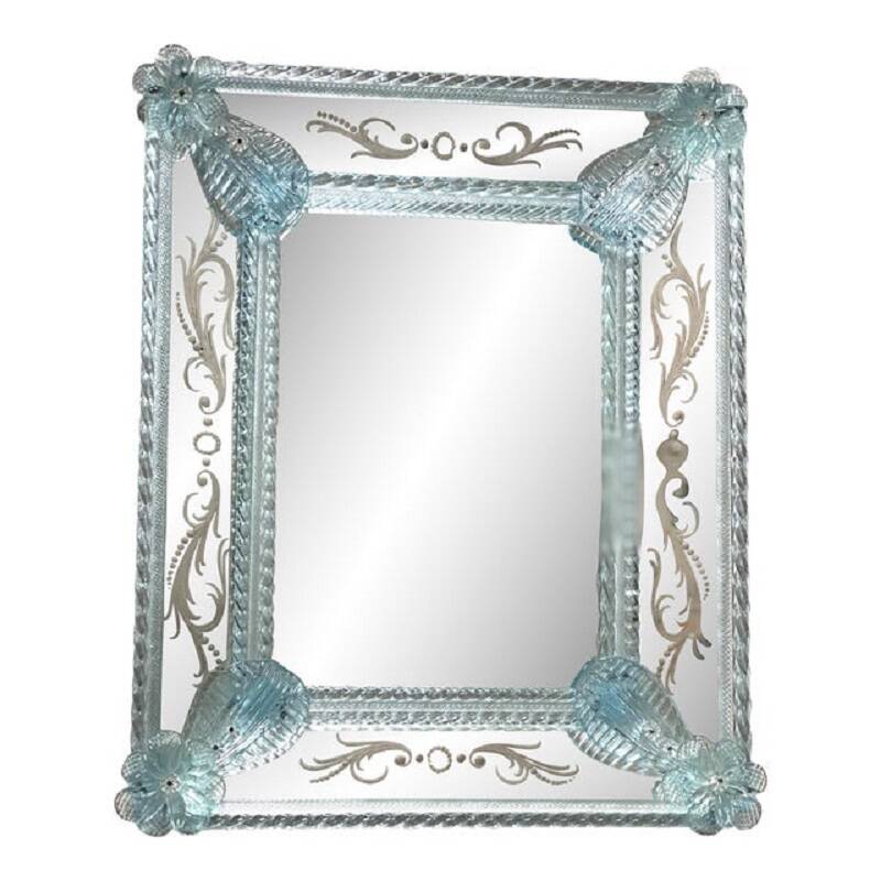 Venetian Rectangular Light-Blue Floreal Hand-Carving Mirror in Murano Glass Style