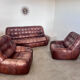Ensemble canapé et 2 fauteuils vintage en cuir camel patchwork design années 70