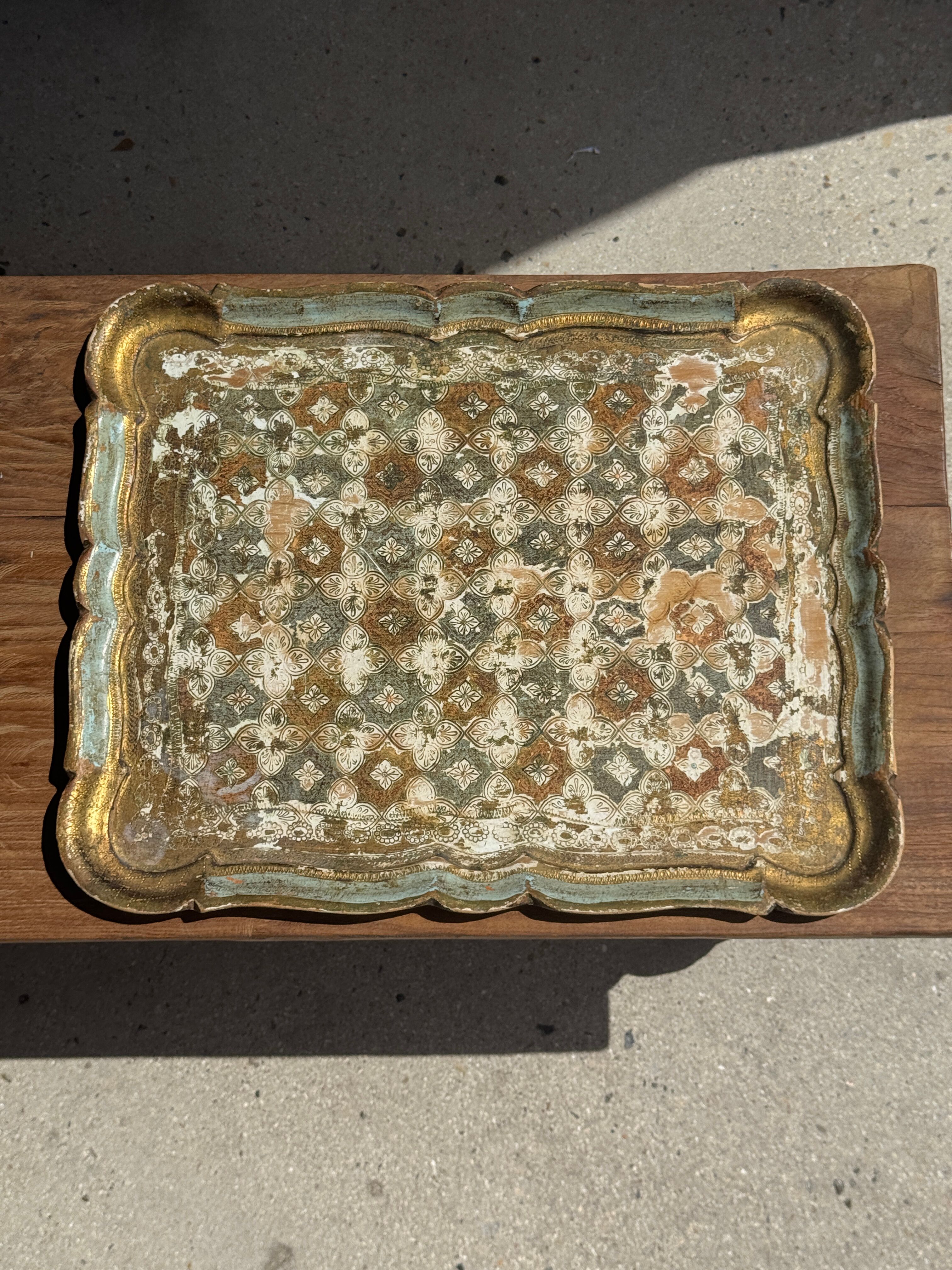 Large wooden tray hand-painted with blue and gold floral ornaments L48x38