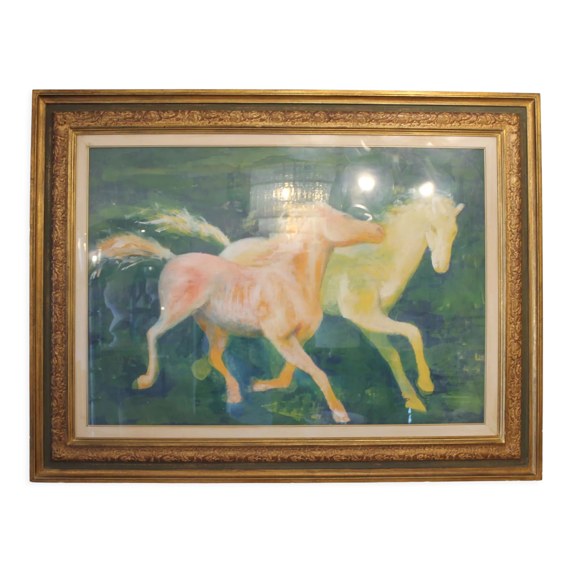 Framed painting representing horses, signed, XX th