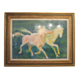 Framed painting representing horses, signed, XX th