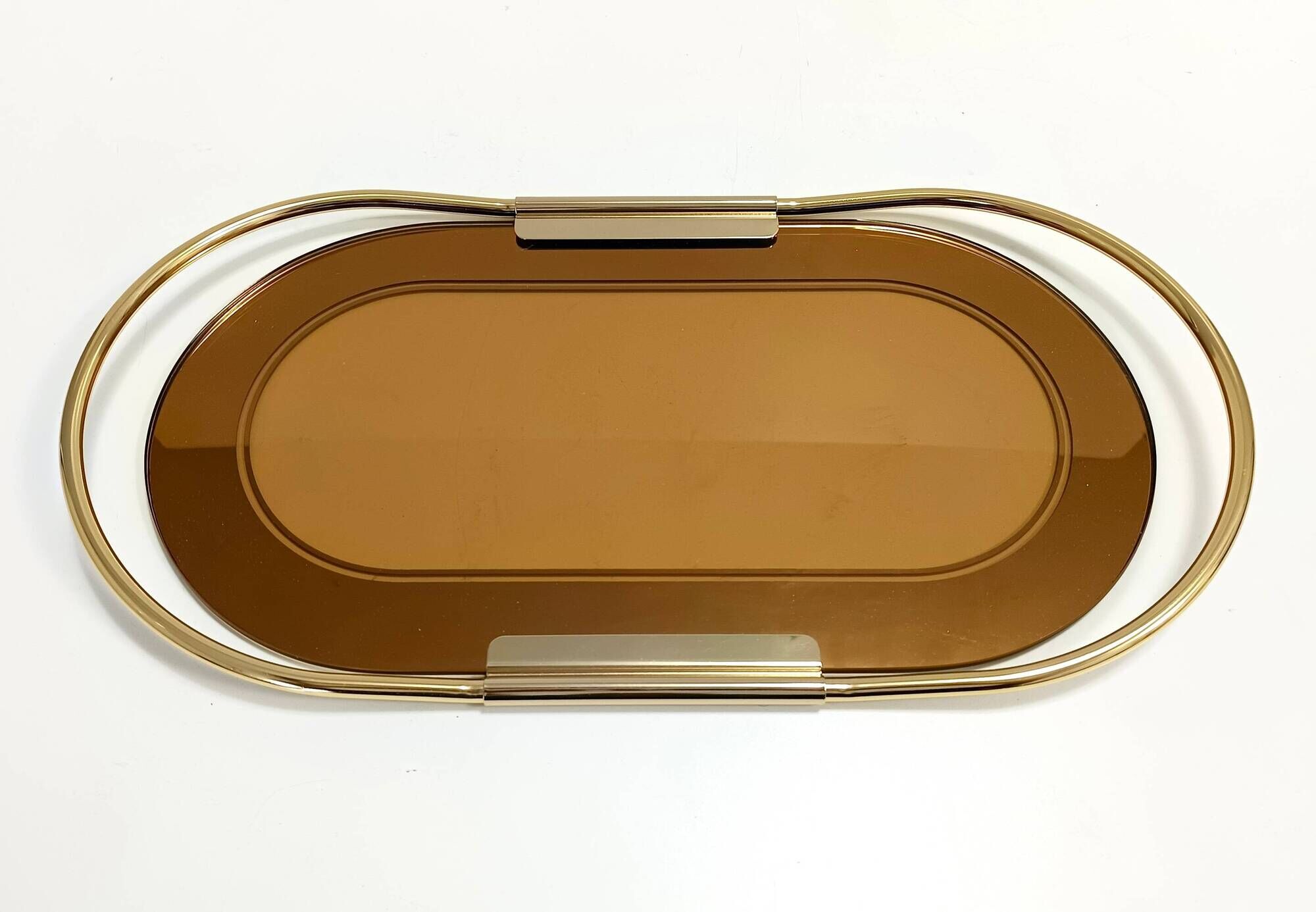 Oval 24k Gold Plated and Bronzed Pink Mirrored Tray by Umberto Mascagni