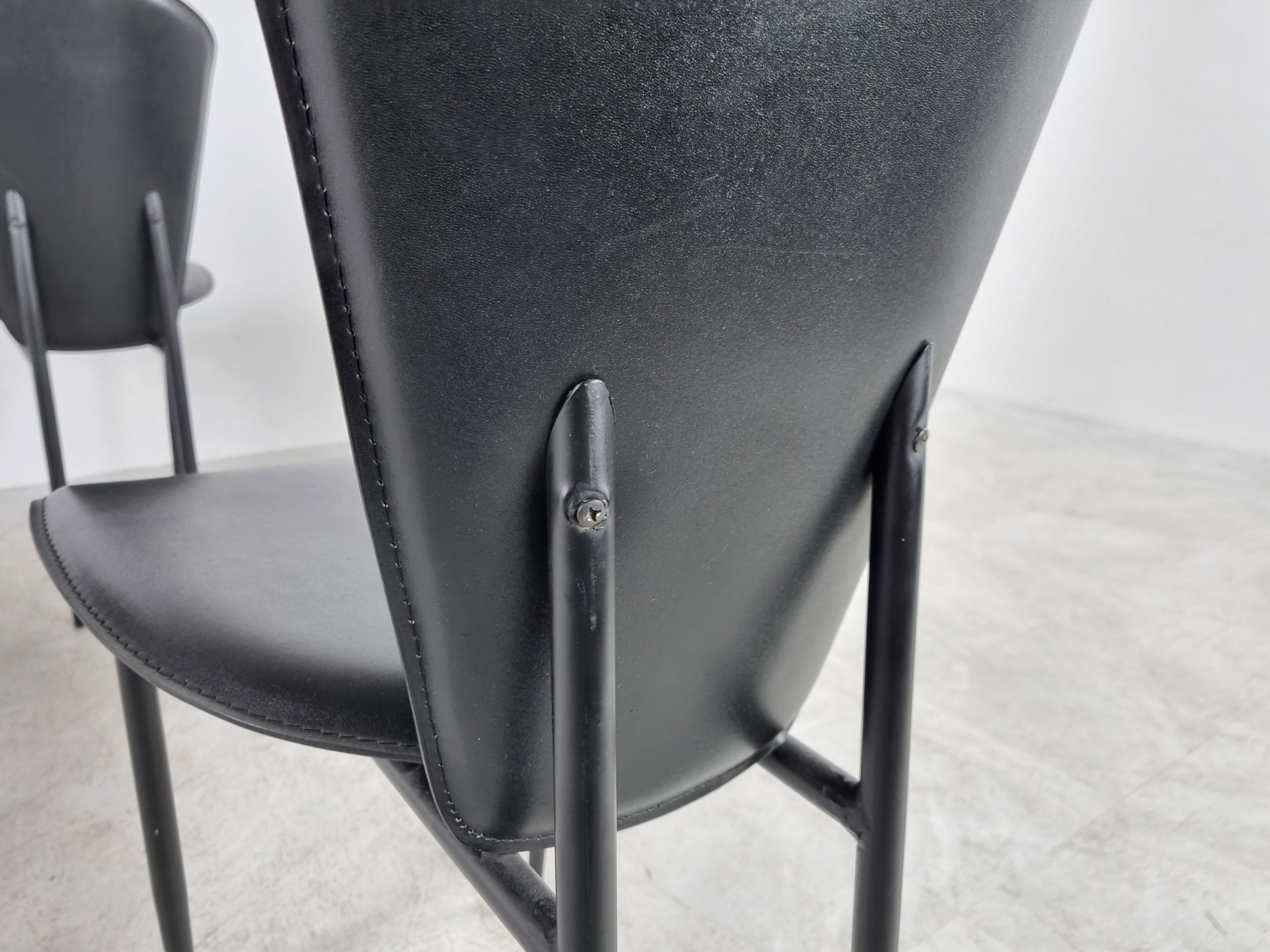 Vintage black leather dining chairs, set of 6, 1980s