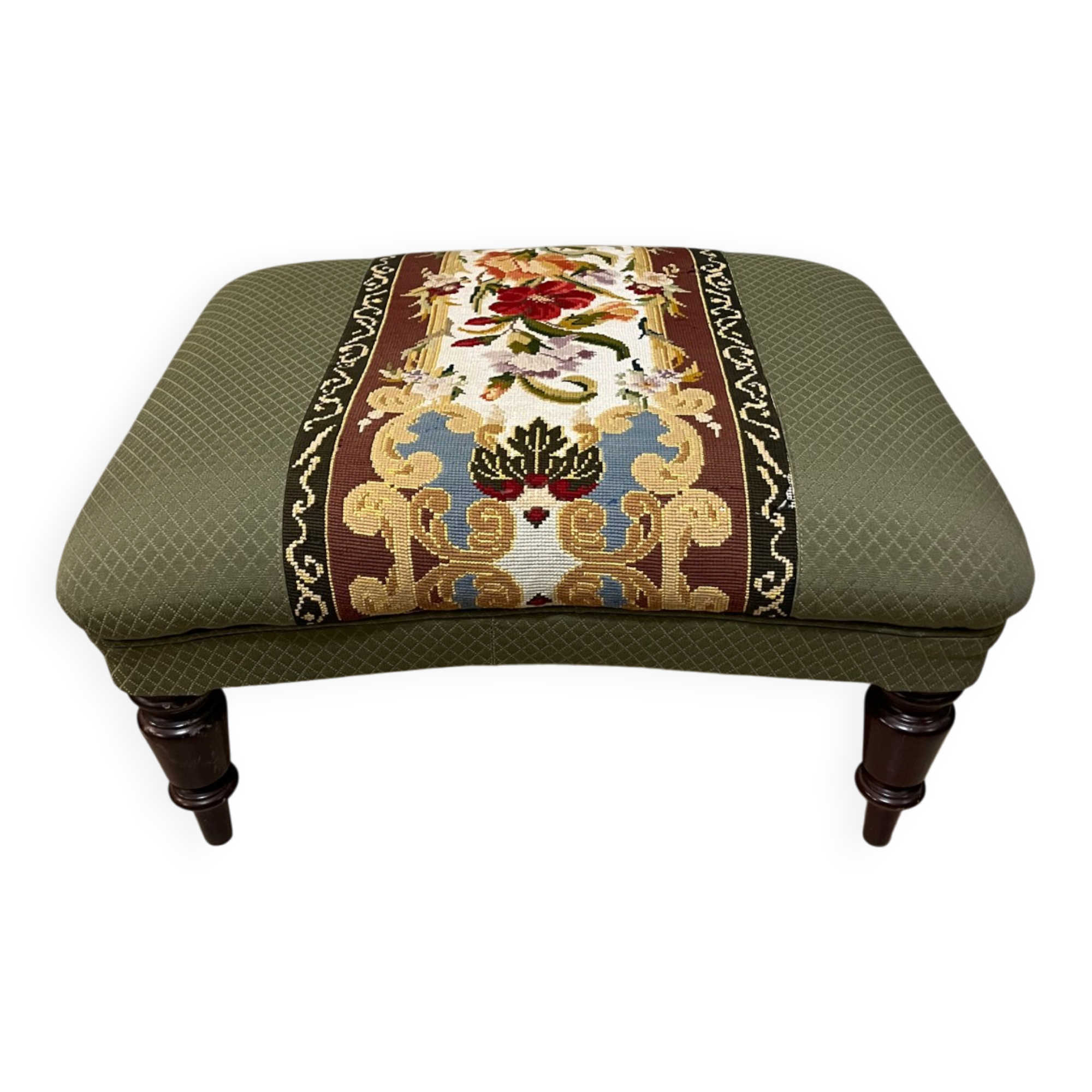 Vintage upholstered footstool, floral decor in Aubusson style.