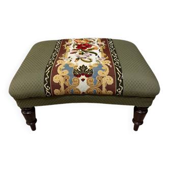 Vintage upholstered footstool, floral decor in Aubusson style.