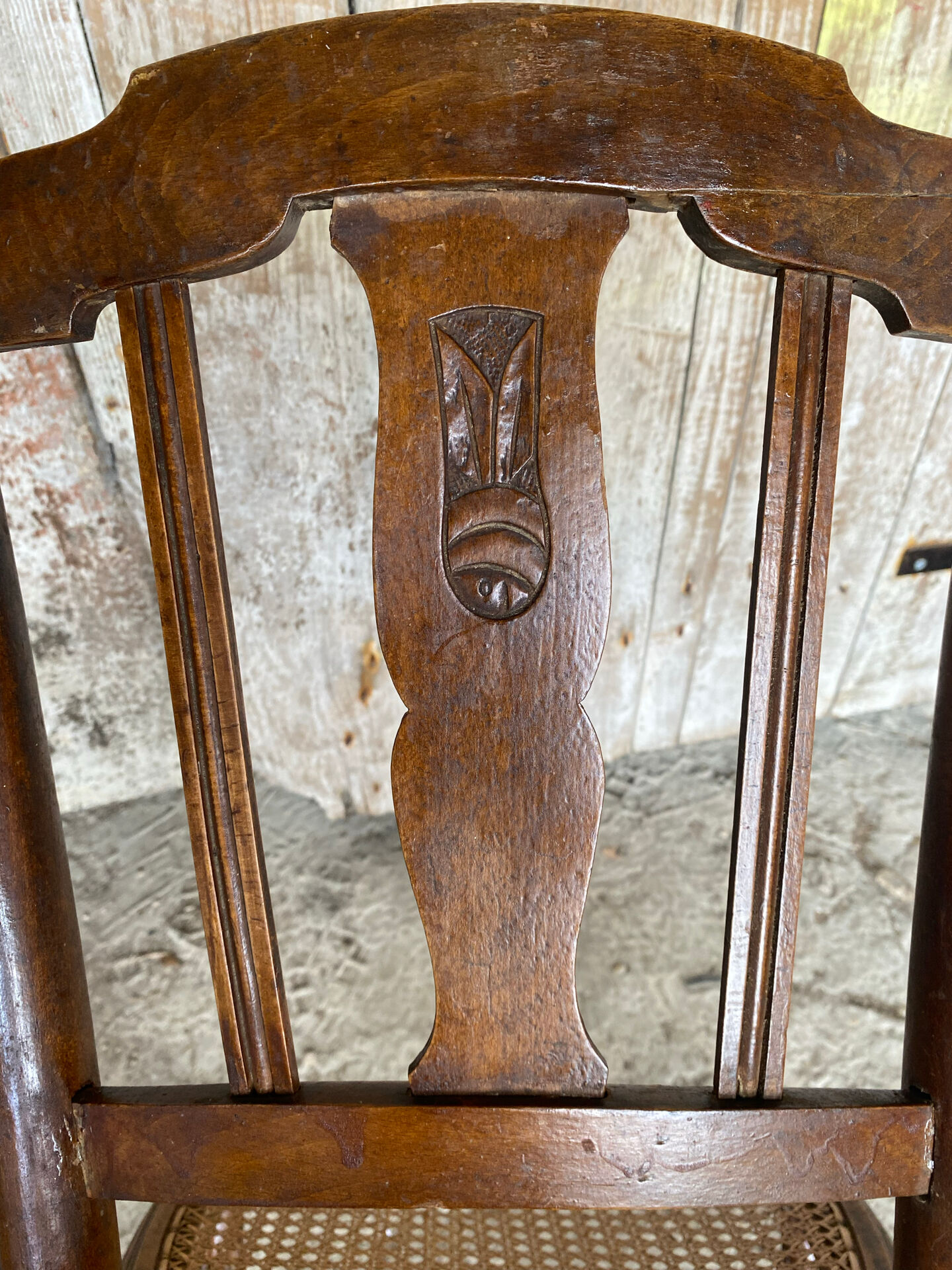 Antique Bistro Chair with Carved Wood and Woven Seat Vintage #E096
