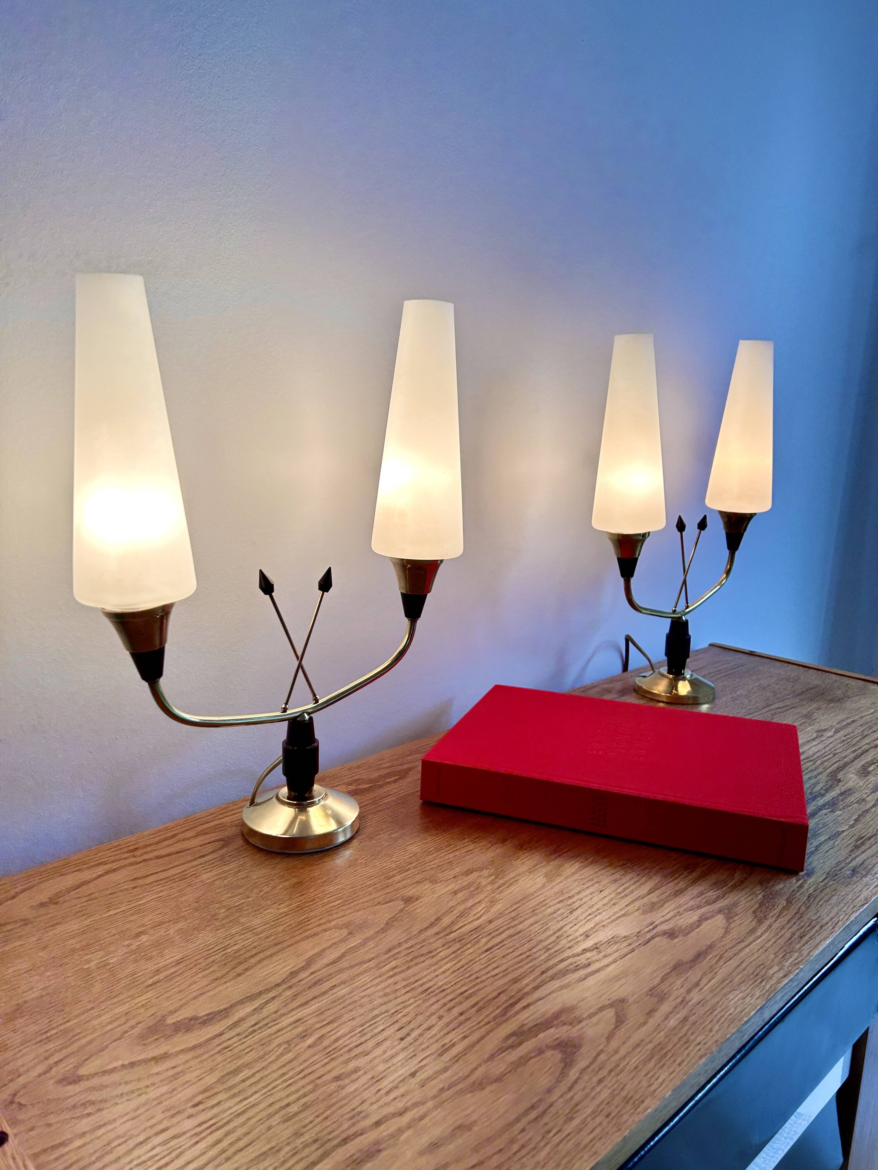 Pair of brass and opaline lamps from the 1950s.