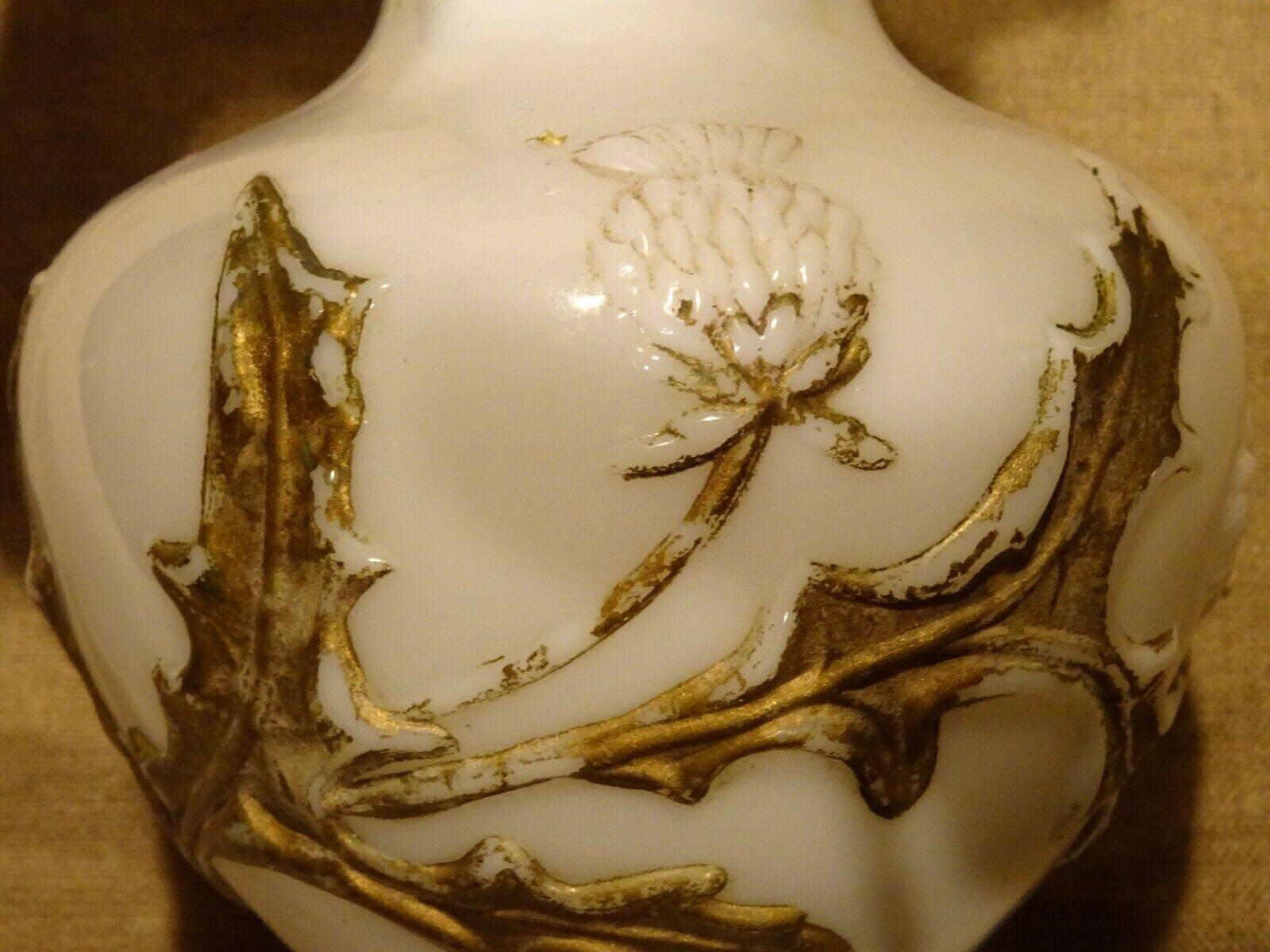 Old white opaline vase decorated with thistles in painted relief 23.6 cm high
