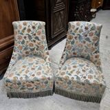 Pair of crapaud armchairs / Napoleon III – floral fabric – fringed skirt