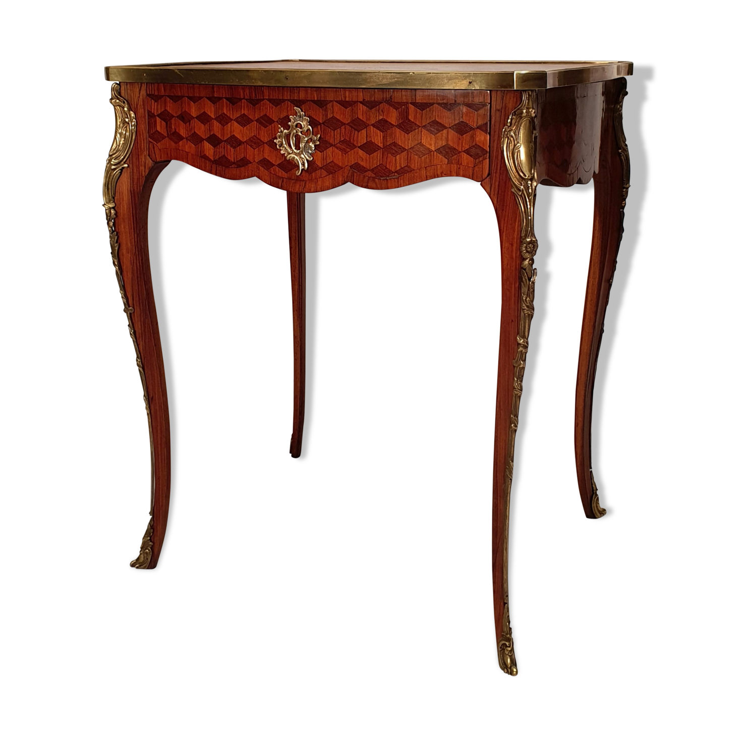 Louis XV Style Writing Table - Gouffé House - Cubes Marquetry - Bois De Rose - 20th