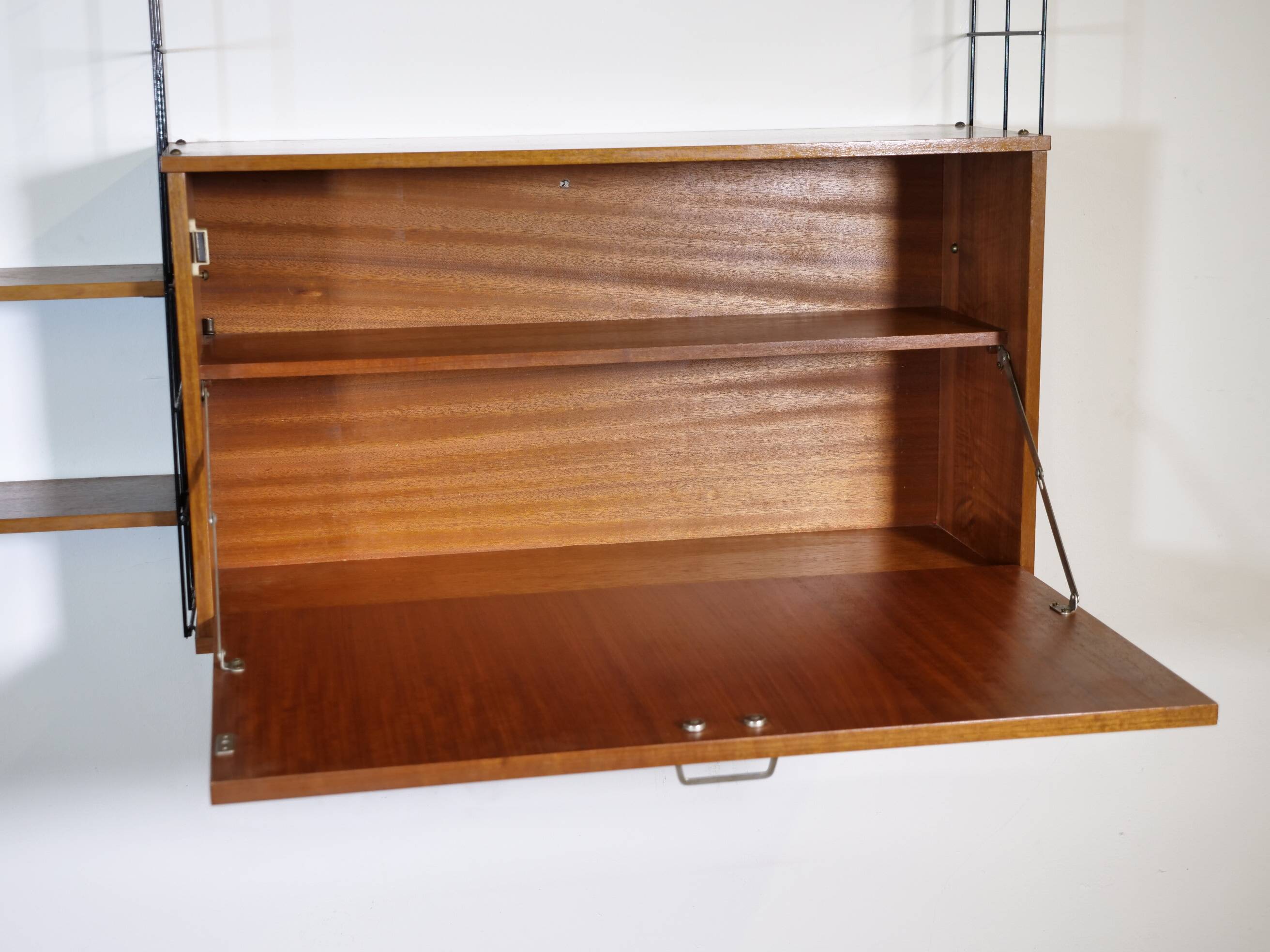 Mid Century String Shelving Unit in Teak with Secretary Cabinet, 1960s
