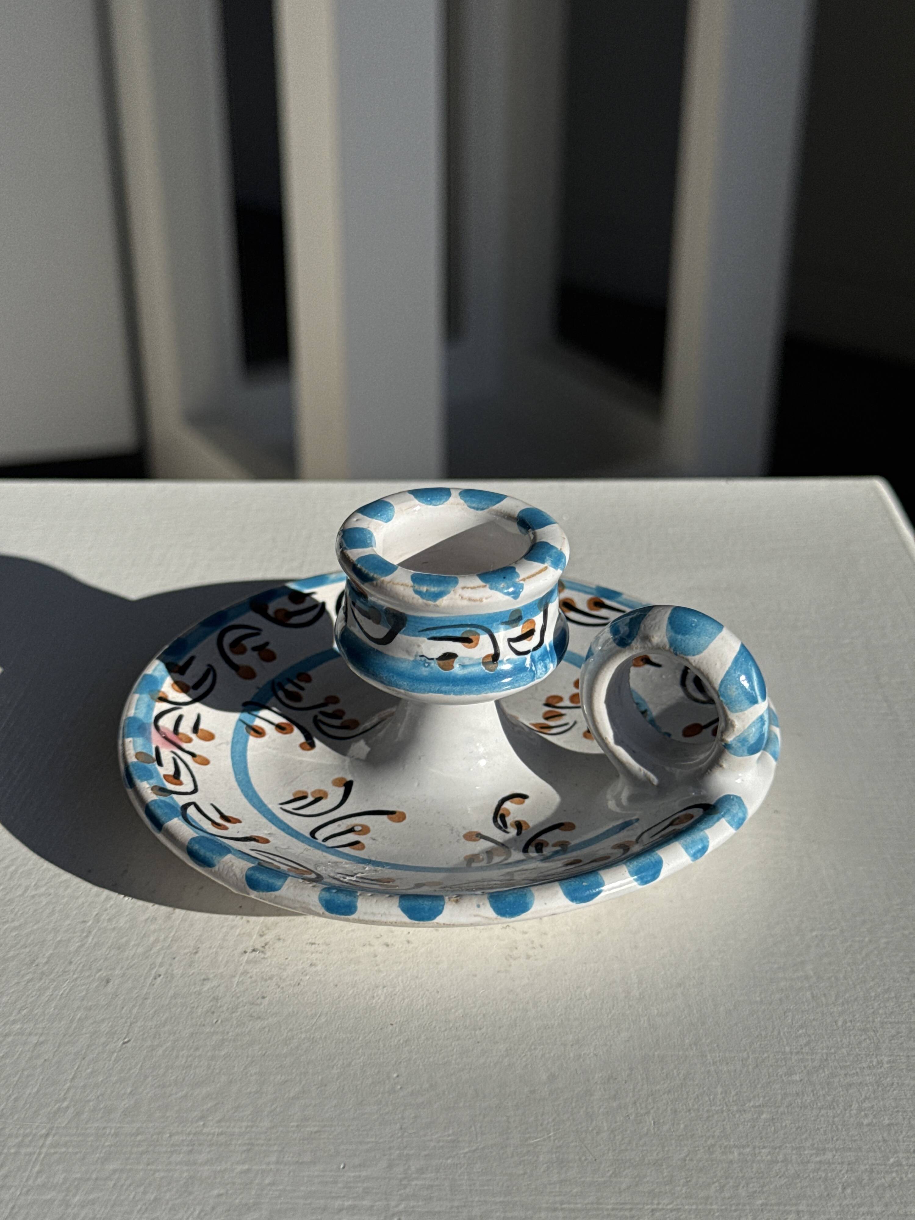 Light blue Moustiers candlestick H5 D12.5