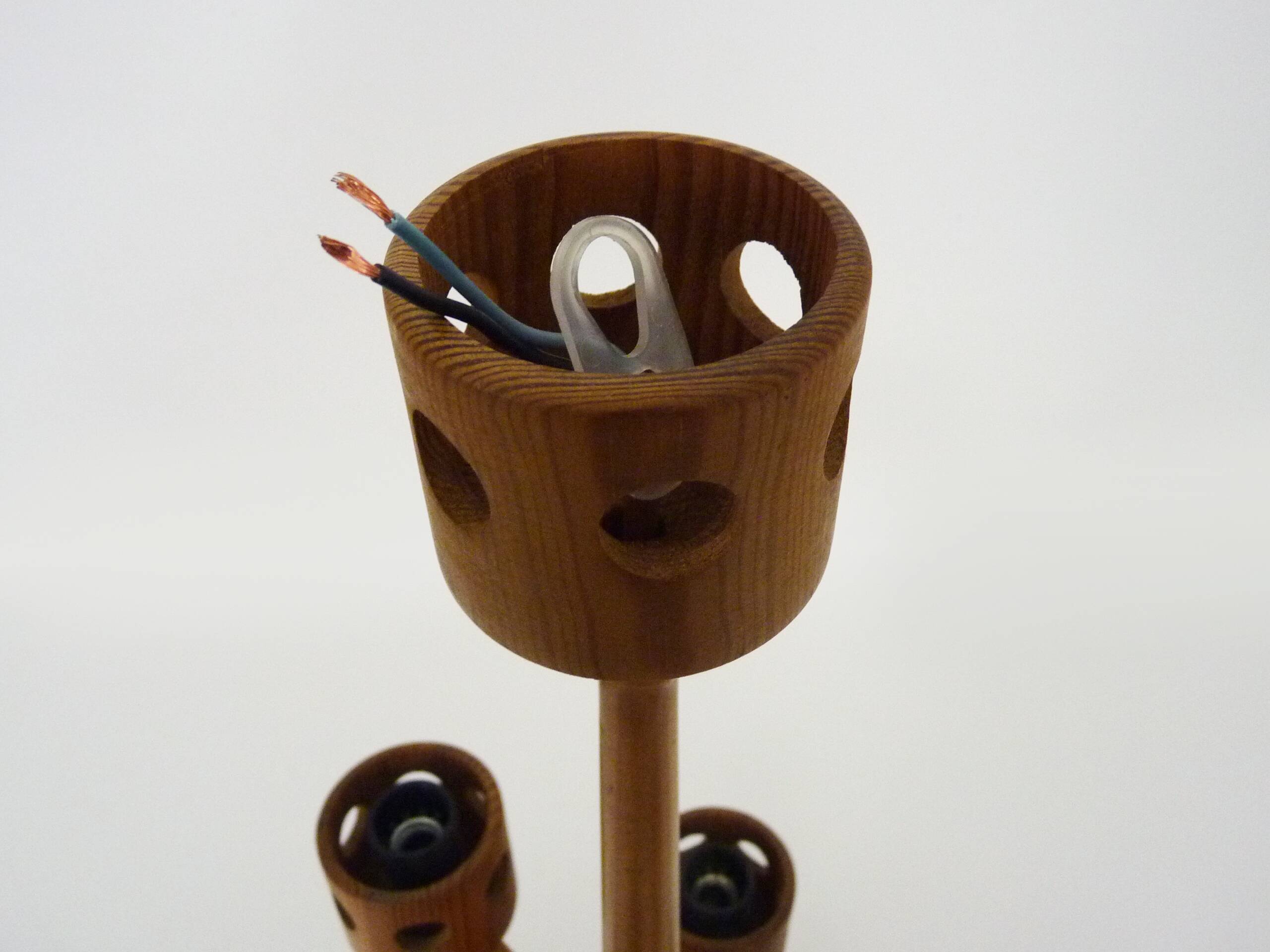 Vintage wooden chandelier with 6 lights. Antique lighting fixture. 1970s