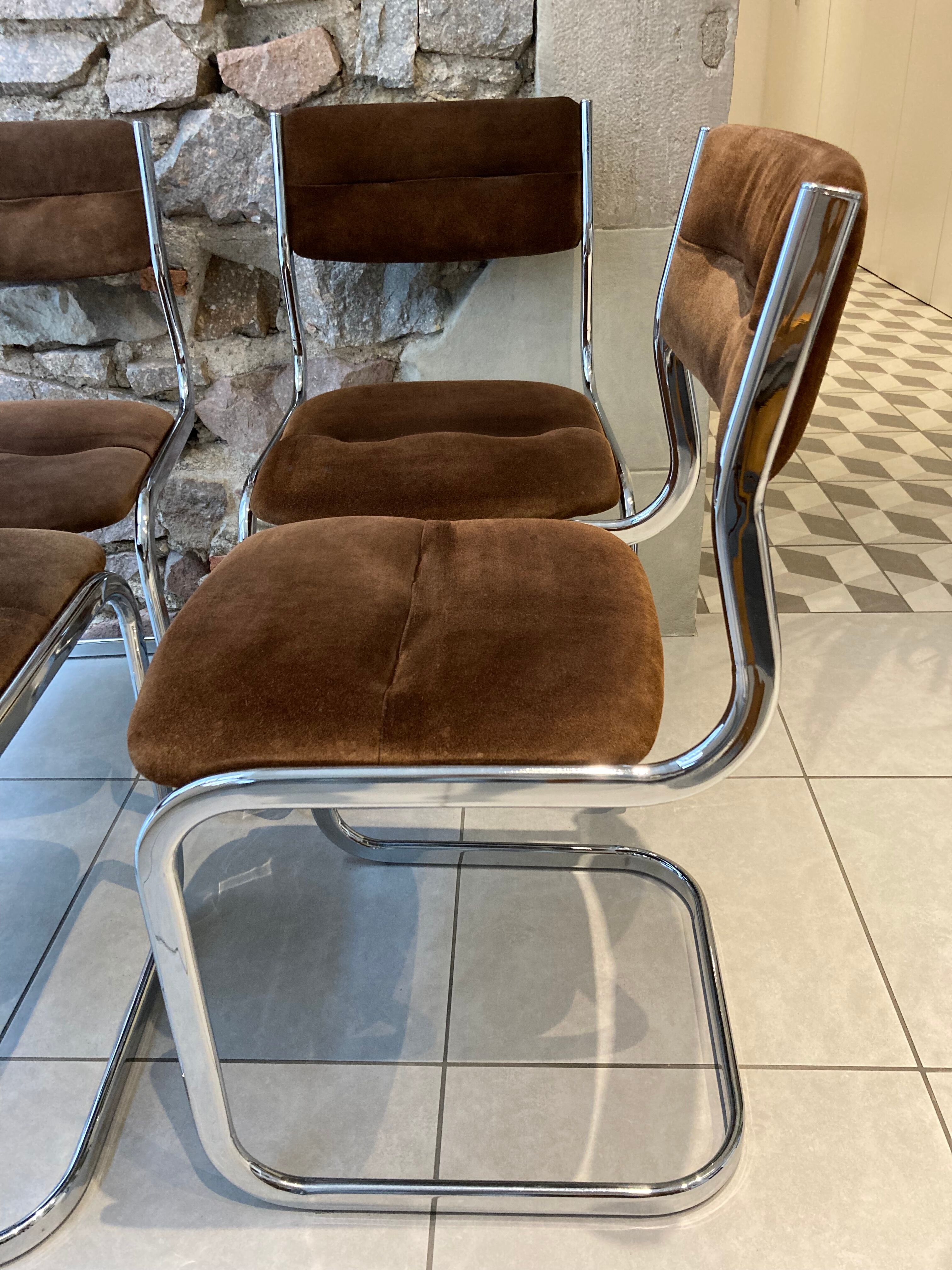 Set of 4 chairs chrome and suede 70s