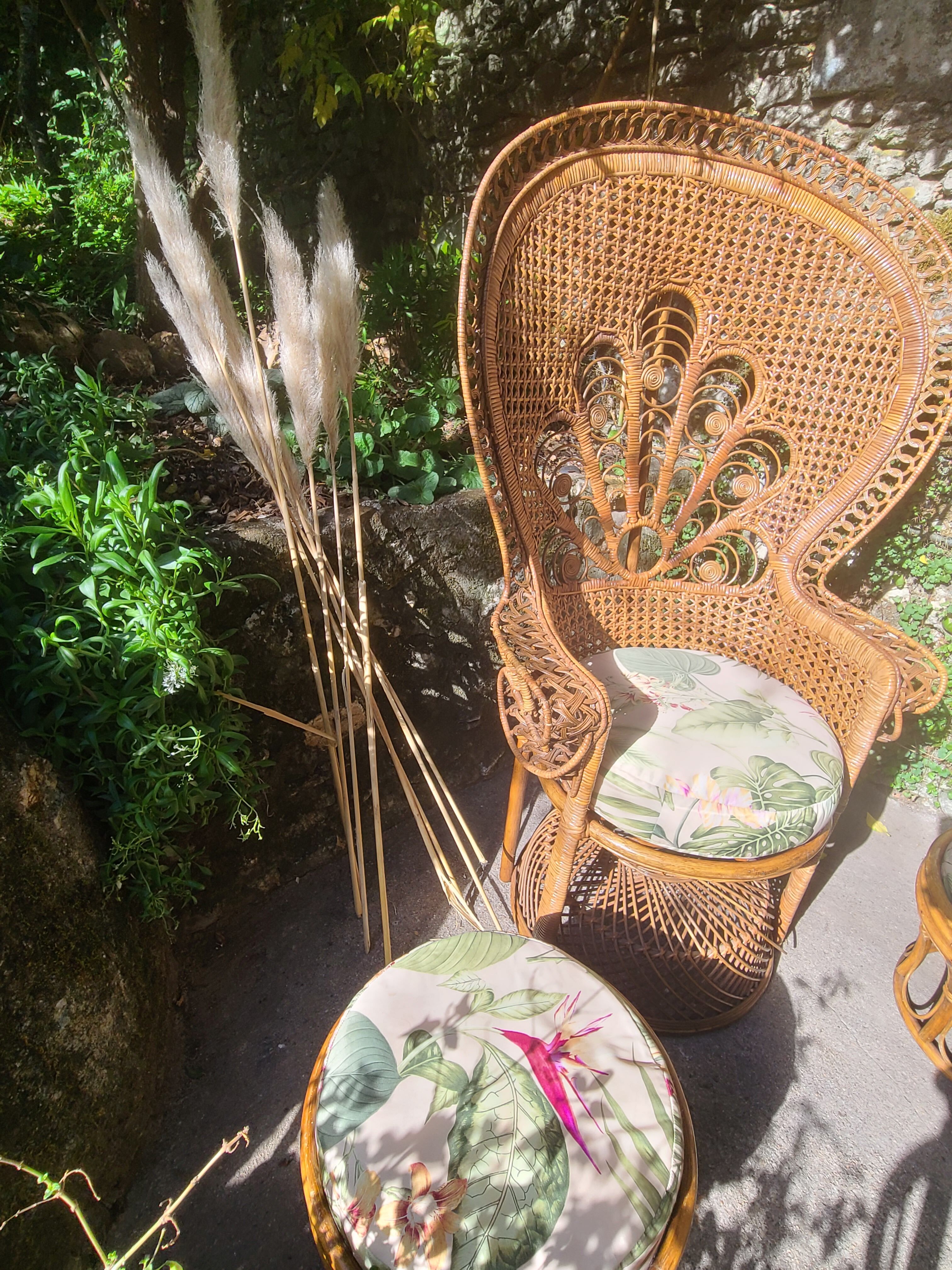 Fauteuil emmanuelle vintage et 2 poufs
