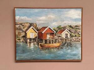 Mid-Century Oil on Canvas “houses with Boat” by Unknown, Vintage & Framed