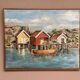 Mid-Century Oil on Canvas “houses with Boat” by Unknown, Vintage & Framed