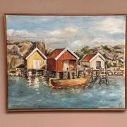 Mid-Century Oil on Canvas “houses with Boat” by Unknown, Vintage & Framed