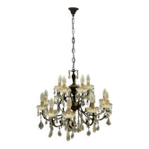 Vintage Bronze & Crystal Chandelier, 15 Lights, 1950s