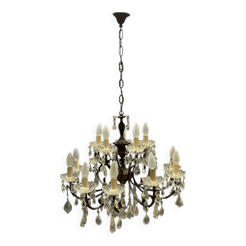 Vintage Bronze & Crystal Chandelier, 15 Lights, 1950s