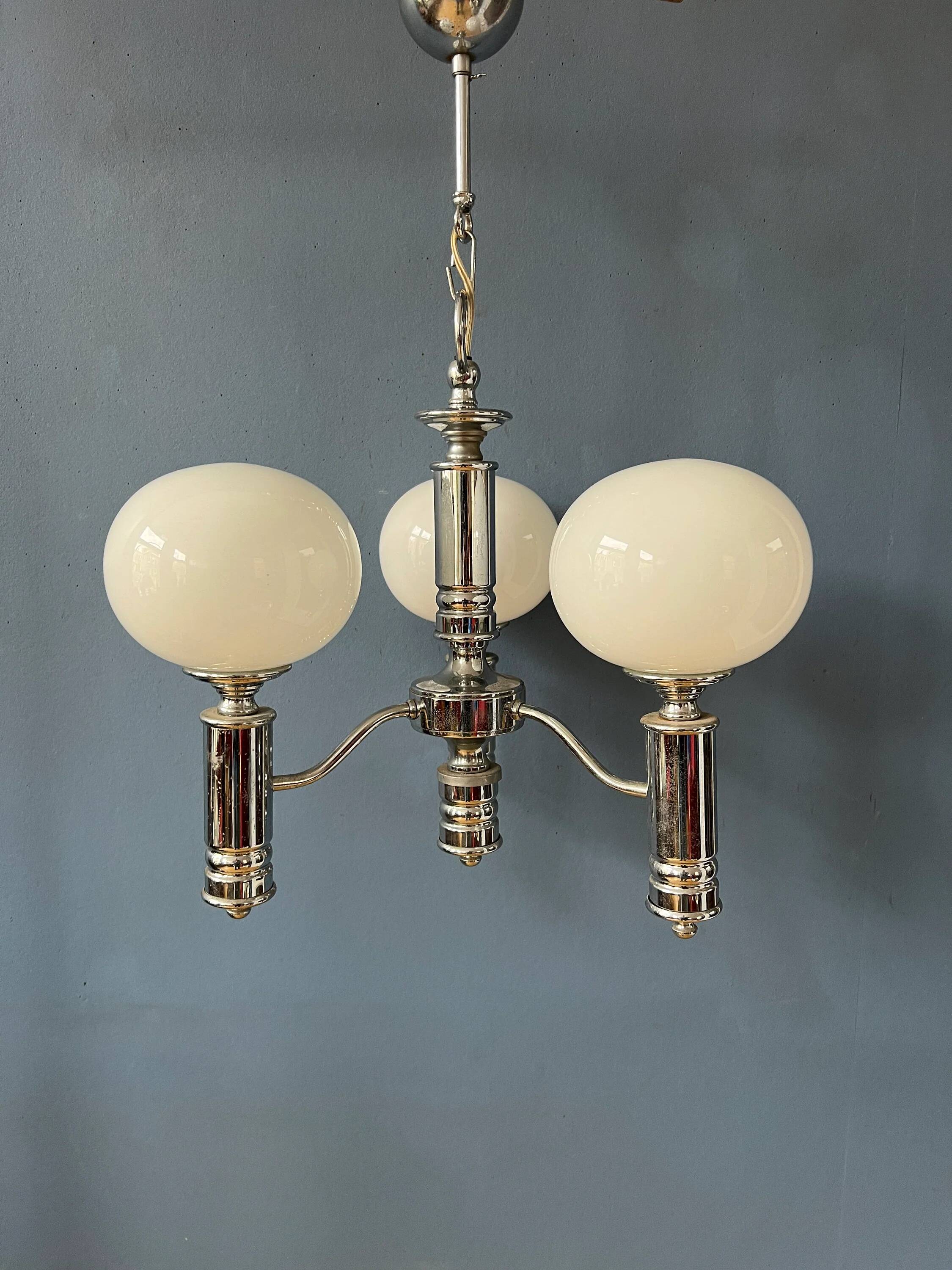 Mid-Century opaline glass chandelier with chrome structure