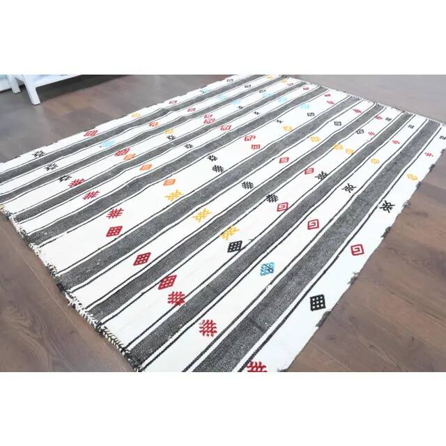 Vintage Turkish Oushak Handmade Cotton White Wool Kilim Area Rug 147x202