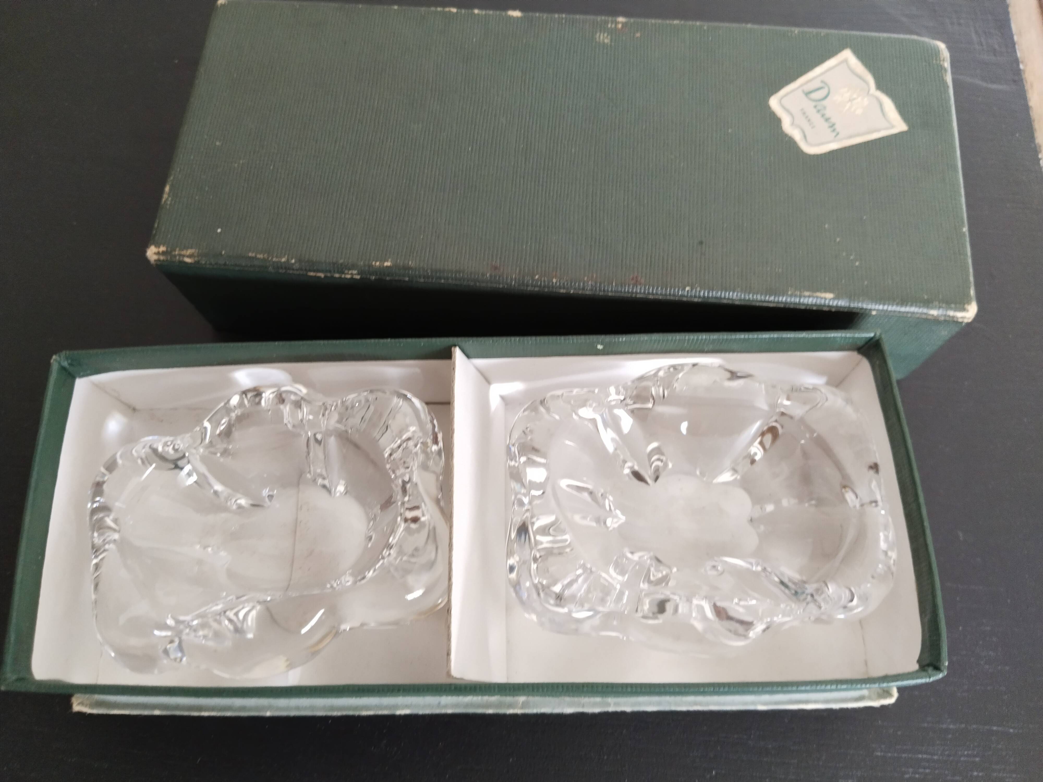 Crystal salt and pepper shakers signed Daum France; antique french