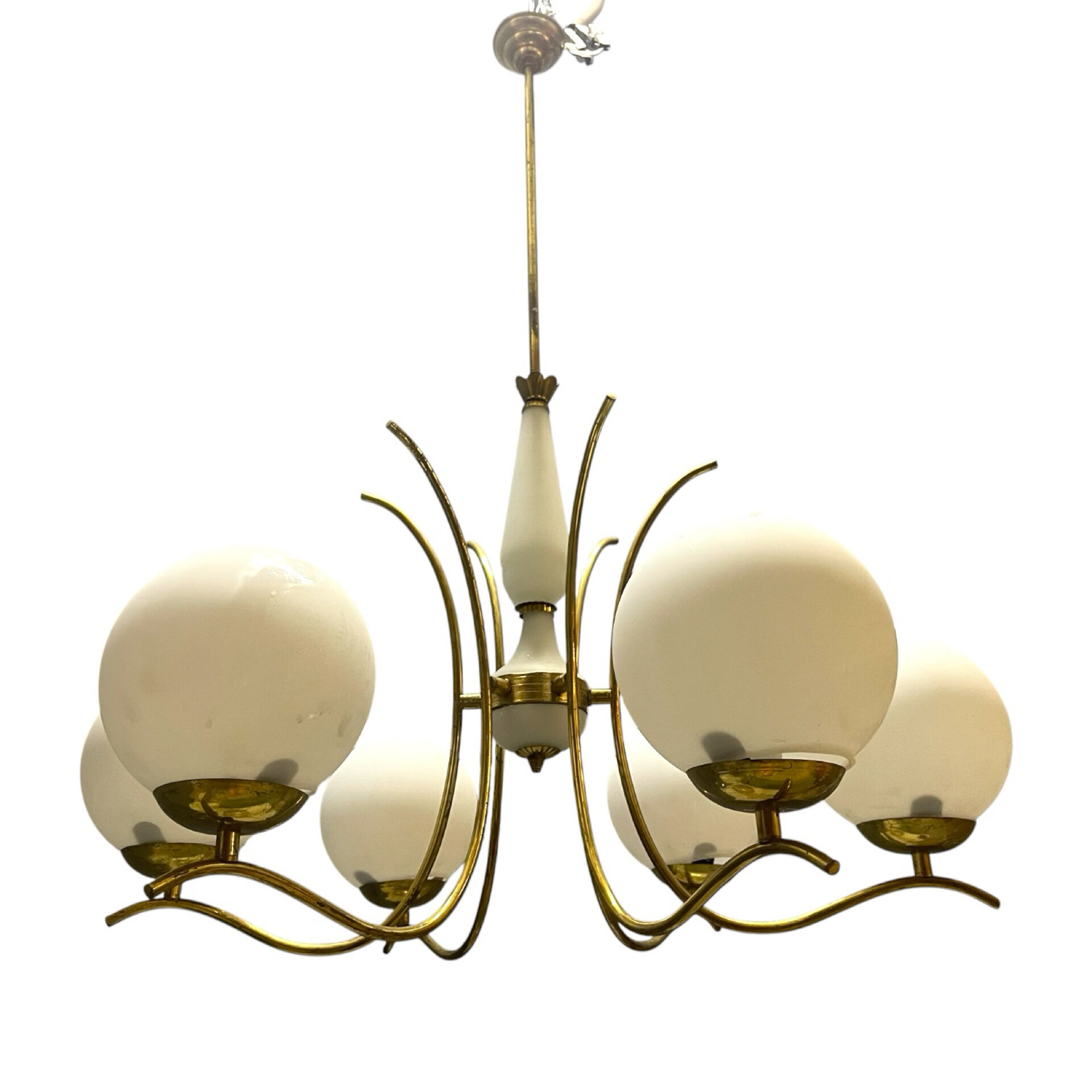 White Opaline Glass & Brass Chandelier, 1960s